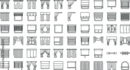 Tableau sur toile Collection of various window curtain and blind designs in line art style isolate