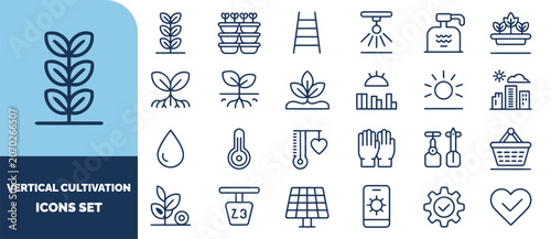 Vertical cultivation set featuring plants, gardening tools, solar panels, irrigation systems, and environmental monitoring symbols
