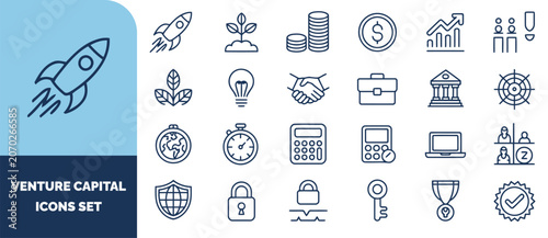 Venture capital and business set, linear outline symbols for finance, startup, growth, strategy, management, and corporate operations