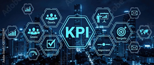 Modern business analytics visualization with kpi metrics and targets on a dark city skyline background for corporate strategy and performance evaluation