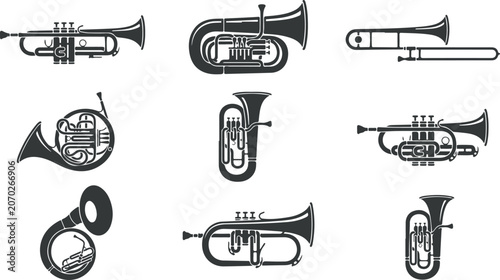 Bild auf Leinwand Collection of various black and white illustrations of brass musical instruments