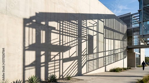 Modern architectural building exterior with concrete wall and intricate geometric shadows cast by metal sunshades, featuring a pedestrian walking on a sidewalk under a clear blue sky