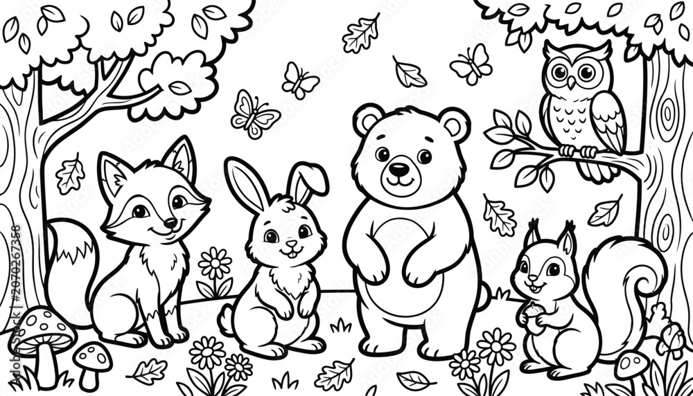 Fototapeta premium Cute woodland animals coloring page for kids with bear fox rabbit and squirrel