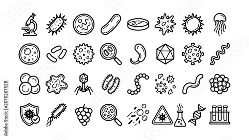 Line icons of various bacteria viruses microbes and laboratory equipment for science and health concepts  educational biology medical illustrations