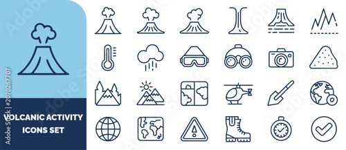 Volcanic activity set featuring erupting volcanoes, geological equipment, safety gear, and geographical symbols in linear style
