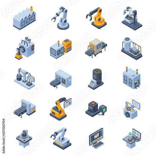 Colorful Isometric Icons of Industrial and Manufacturing Equipment.