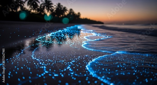 Bioluminescent Beach At Dusk With Glowing Waves.