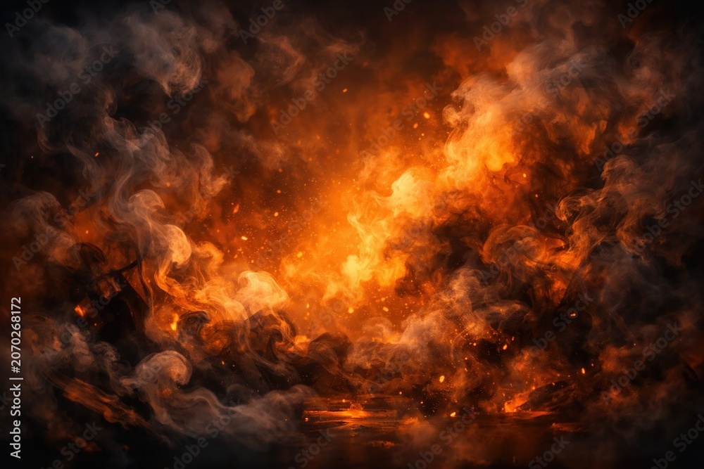 Fototapeta premium Fiery smoke and glowing flames creating dark abstract Halloween background with dramatic sparks