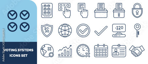 Voting systems set, featuring election symbols, ballot boxes, checkmarks, security locks, globes, calendars, and handshake