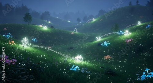Bioluminescent Night Meadow With Glowing Hillside Lights.