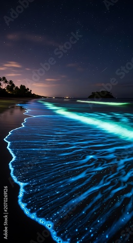 Bioluminescent Night Waves Along Quiet Beach.