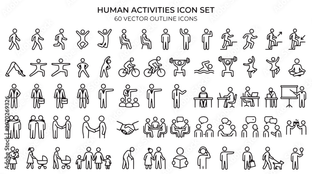 Naklejka premium Comprehensive human activities icon set for daily tasks and interactions with activities, lifestyle