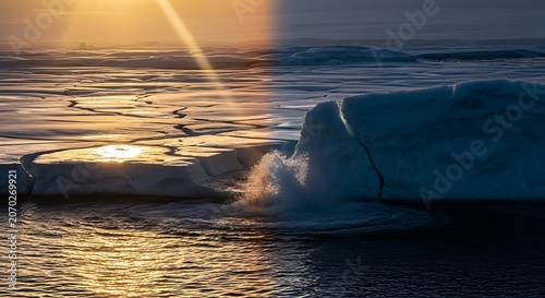 Sunset over Ice Floe on Calm Sea.