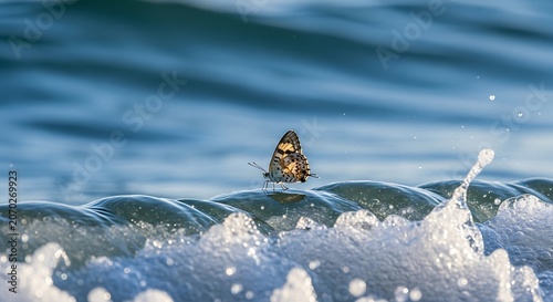 Bird peeking above ocean waves in blue water.