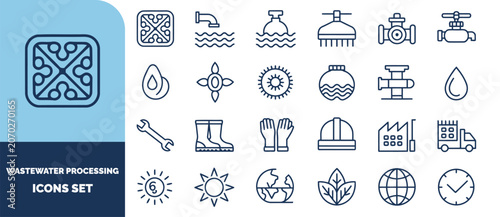 Wastewater processing set, linear symbols of water treatment, industrial equipment, safety gear, and environmental