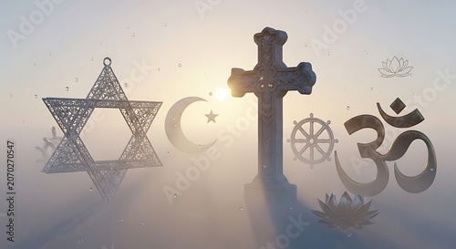 Dawn Light Illuminates Diverse Religious Symbols Across Landscape.
