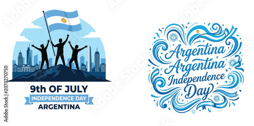 Argentina independence day celebration with flag and cityscape