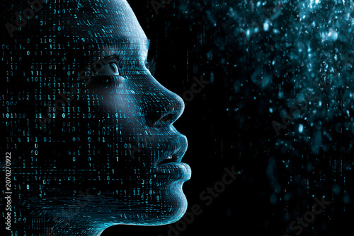 Futuristic Representation of Artificial Intelligence Featuring a Human Side Profile Face Integrated with Glowing Blue Binary Code and Digital Data Particles on a Dark Atmospheric Background.