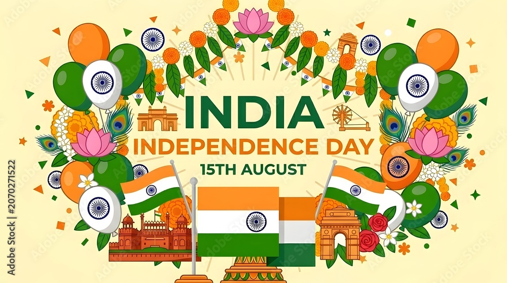 Fototapeta premium India independence day celebration vibrant illustration with national flag landmarks