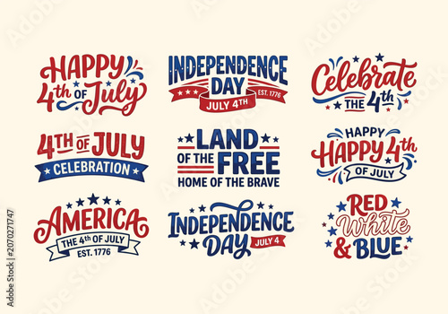 Collection of 4th of july typography and phrases in red white and blue colors