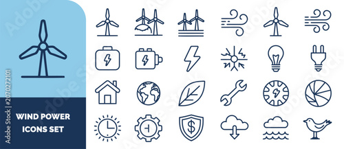Wind power and renewable energy set, featuring wind turbines, electrical symbols, nature and utility in linear style