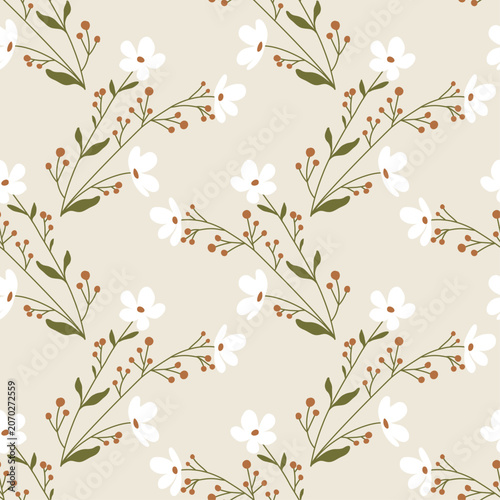 Naive Art Minimalist Botanical Flower Seamless Pattern in Neutral Mid Century Style
