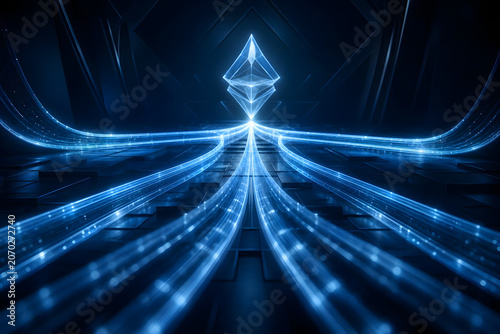 Abstract geometric composition of glowing data streams leading t