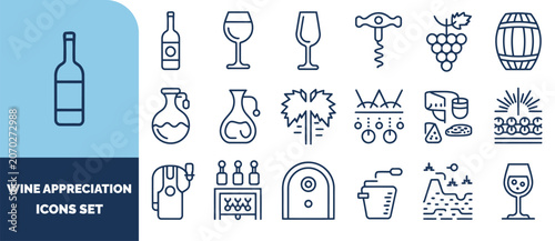 Wine appreciation set featuring outline of bottles, glasses, grapes, barrels, corkscrews, and winery equipment