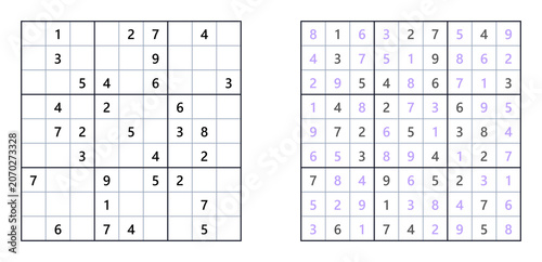 Classic difficult level sudoku printable with solution on white background for education, mental training and entertainment in books, magazines, schools