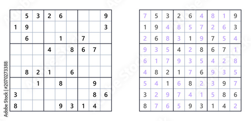 Classic difficult level sudoku printable with solution on white background designed for mental health, brain training and hobby collections