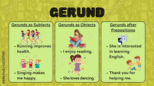 Tableau sur toile Educational English grammar worksheet template on green and yellow background fe