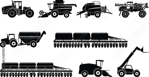 Tableau sur toile Agricultural machinery and heavy farm equipment vector icon set featuring silhou
