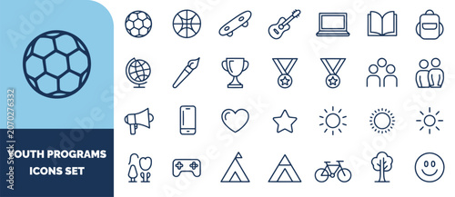 Youth programs set featuring sports, education, technology, and outdoor activity symbols in dark blue line style