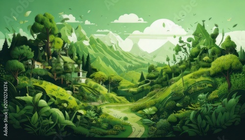 Lush Green Landscape with Mountains and Whimsical Architecture.