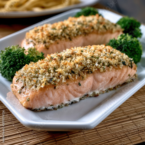 Garlic parmesan salmon fillet baked with crispy breadcrumb topping, served with broccoli on white plate, healthy gourmet meal