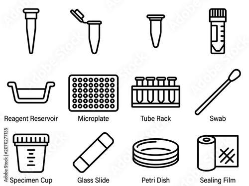 Minimalist Pipette Consumables and Laboratory Labware Icons Set