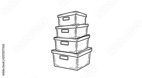 Stacked plastic storage boxes with handles and lids.