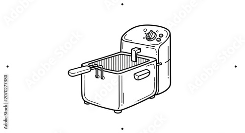 Stainless steel deep fryer with basket and handle.