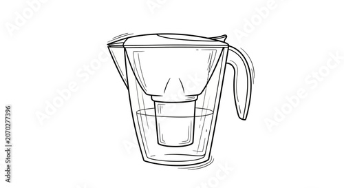 Clear glass water filter pitcher with handle.