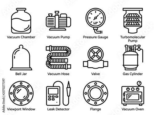 Vacuum Technology Icons Set. Laboratory Equipment and Industrial Pumping Systems Vector