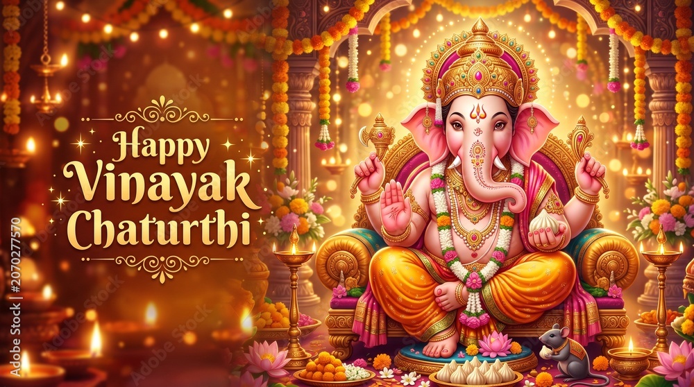 Fototapeta premium Traditional Indian Spiritual Festival | Lord Ganesha Artwork | Ganesh Chaturthi Poster Design | Premium Decorative Background | Sacred Festive ... 