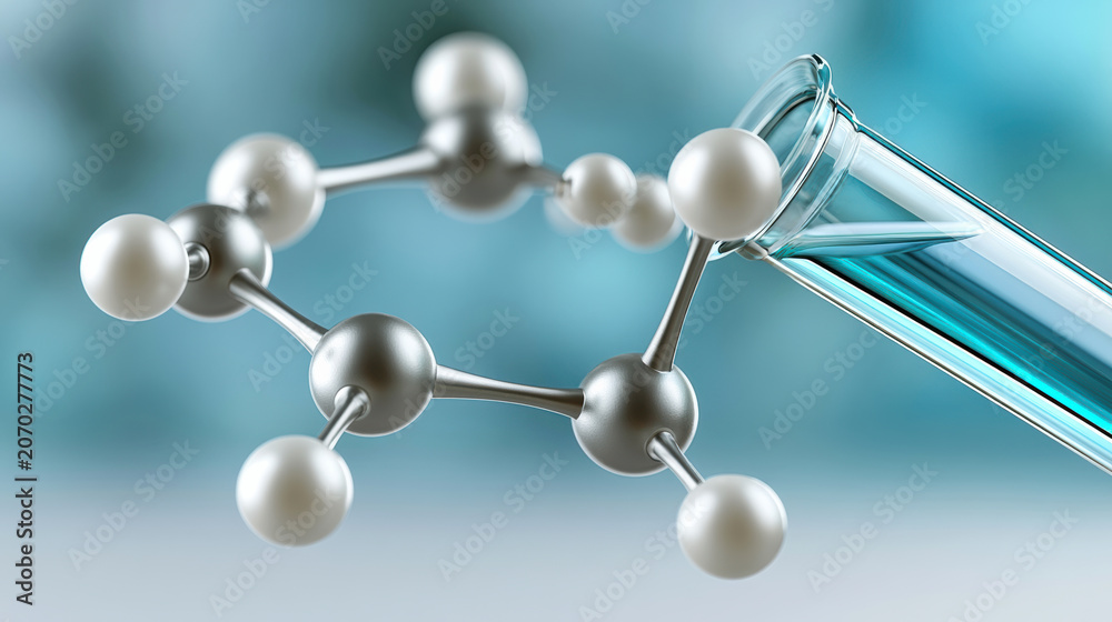 Obraz premium Molecule structure laboratory glass blue liquid scientific research close up chemistry medical innovation technology modern science
