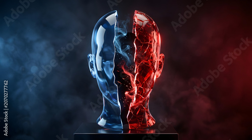 Abstract faceless human head symbolizing mental health, anxiety, stress, inner conflict, healing and psychology through surreal 3D visuals. AI Generated.