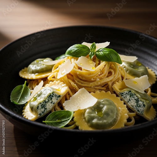 Herbed Lemon Pasta with Basil and Cheese Shavings.