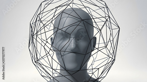 Abstract faceless human head symbolizing mental health, anxiety, stress, inner conflict, healing and psychology through surreal 3D visuals. AI Generated.