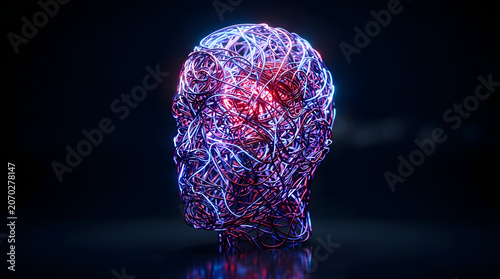 Abstract faceless human head symbolizing mental health, anxiety, stress, inner conflict, healing and psychology through surreal 3D visuals. AI Generated.