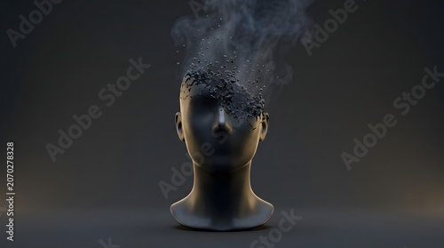 Abstract faceless human head symbolizing mental health, anxiety, stress, inner conflict, healing and psychology through surreal 3D visuals. AI Generated.