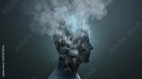 Abstract faceless human head symbolizing mental health, anxiety, stress, inner conflict, healing and psychology through surreal 3D visuals. AI Generated.