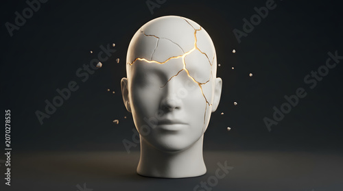 Abstract faceless human head symbolizing mental health, anxiety, stress, inner conflict, healing and psychology through surreal 3D visuals. AI Generated.