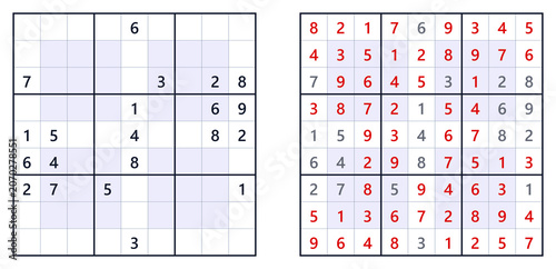 Printable hyper expert level sudoku with solution on white background for books, magazines, schools, kids and educational worksheets